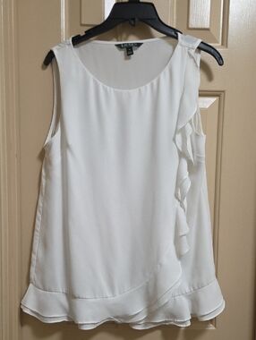 Lauren Ralph Lauren White Sleeveless Ruffle Blouse Size M Elegant Flowy Top